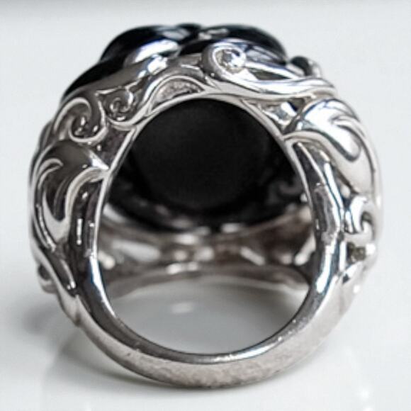 Vintage 925 Silver Carved Black Onyx Rose Ring Size 5.75 Chunky Statement - Picture 4 of 10